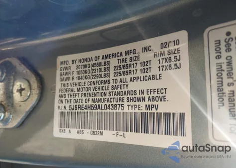 2010 Honda Cr-V Ex из США, поврежденный, VIN 5J6RE4H59AL043875